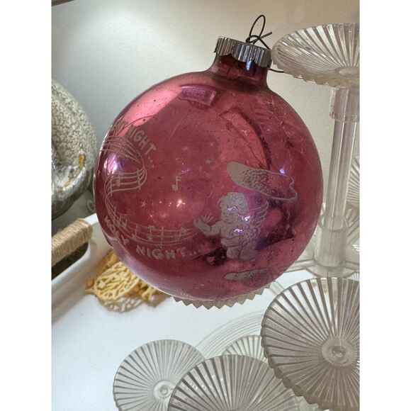 Vintage large  pink Christmas ball, Christmas ornament Silent Night stenciled - Picture 5 of 6